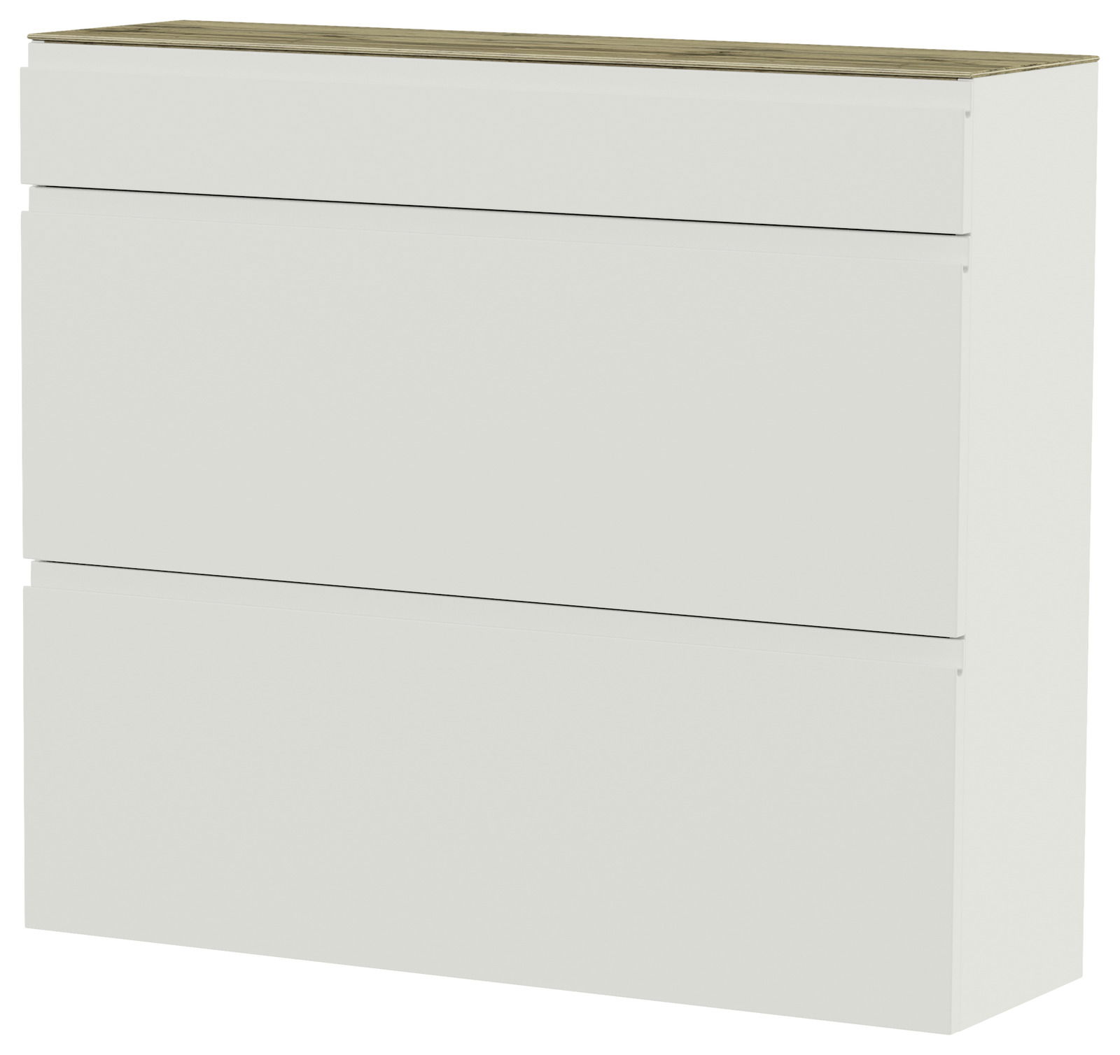 Moderner Hängeschuhschrank in Weiß mit drei Klappen und einer Holzoberfläche, seitliche Perspektive.