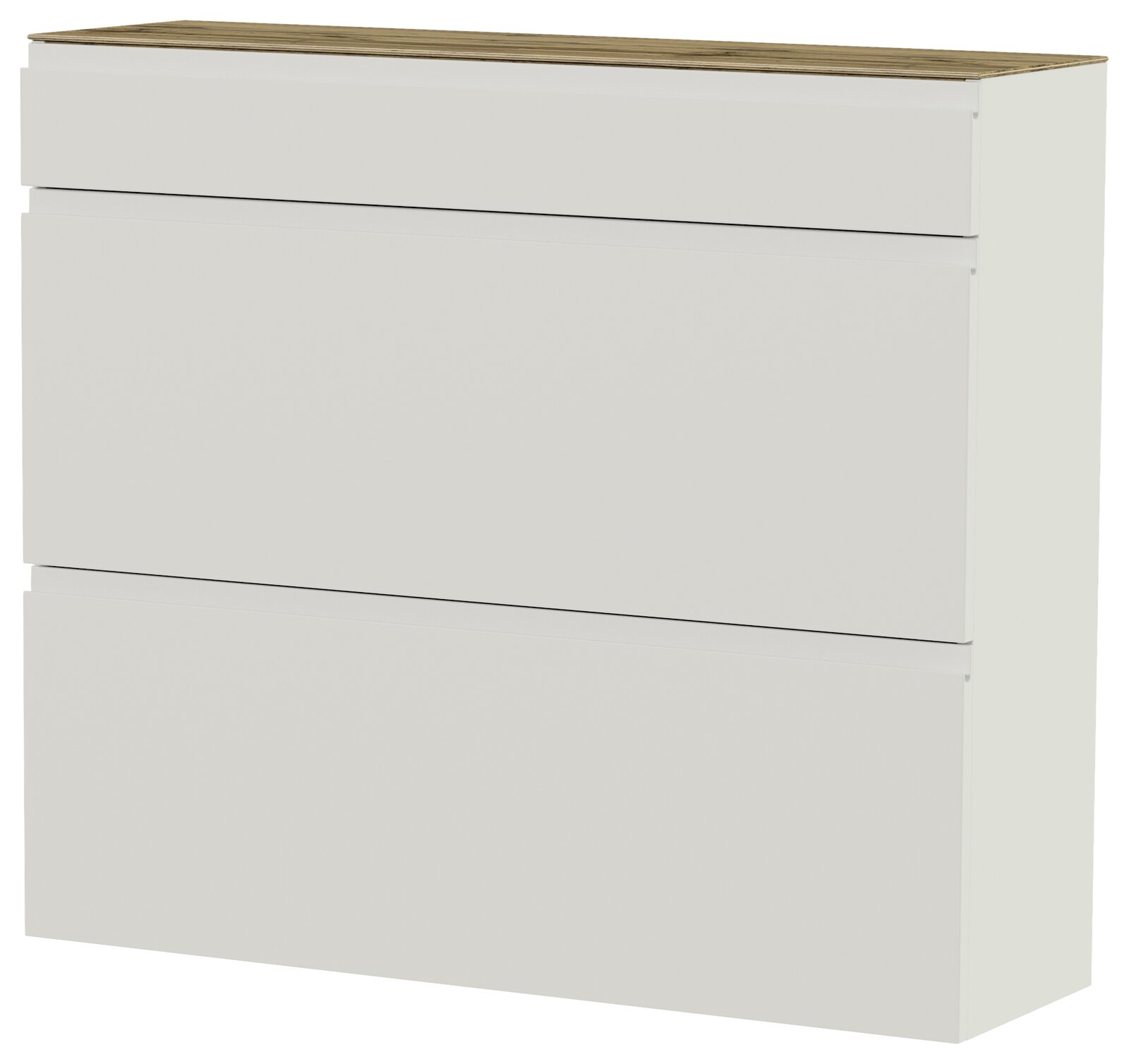 Moderner Hängeschuhschrank in Weiß mit drei Klappen und einer Holzoberfläche, seitliche Perspektive.