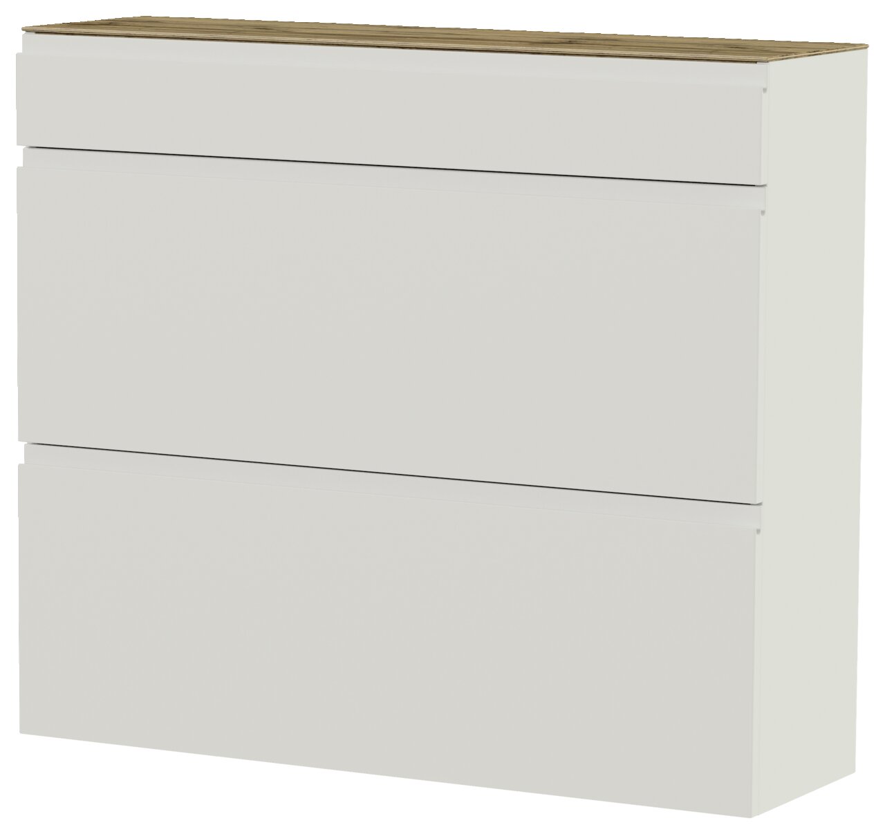 Moderner Hängeschuhschrank in Weiß mit drei Klappen und einer Holzoberfläche, seitliche Perspektive.