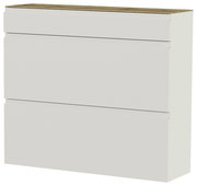 Moderner Hängeschuhschrank in Weiß mit drei Klappen und einer Holzoberfläche, seitliche Perspektive.