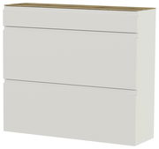 Moderner Hängeschuhschrank in Weiß mit drei Klappen und einer Holzoberfläche, seitliche Perspektive.