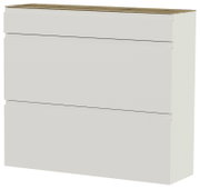 Moderner Hängeschuhschrank in Weiß mit drei Klappen und einer Holzoberfläche, seitliche Perspektive.