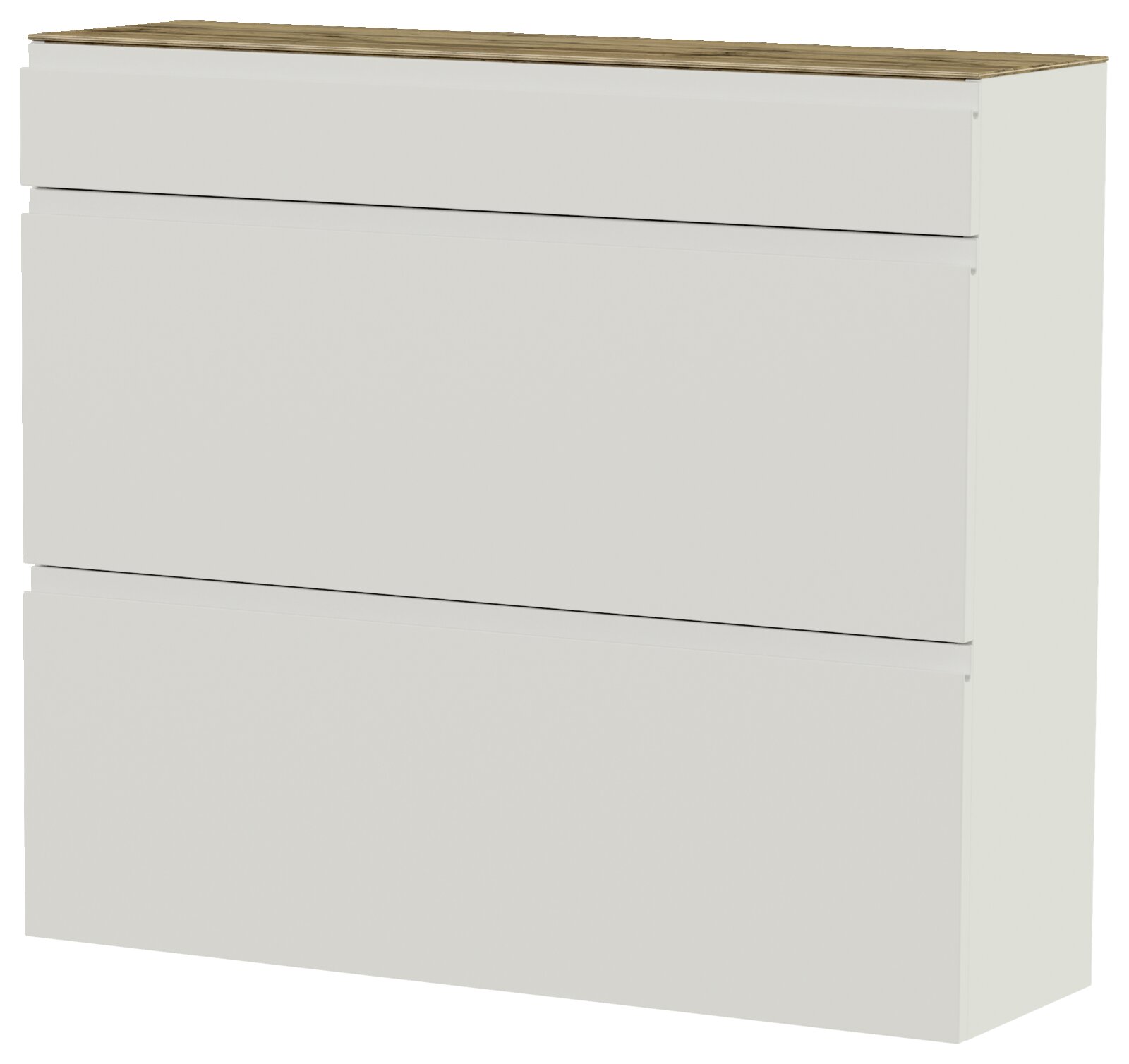 Moderne hangende schoenenkast in wit met drie kleppen en een houten afwerking, zijaanzicht.