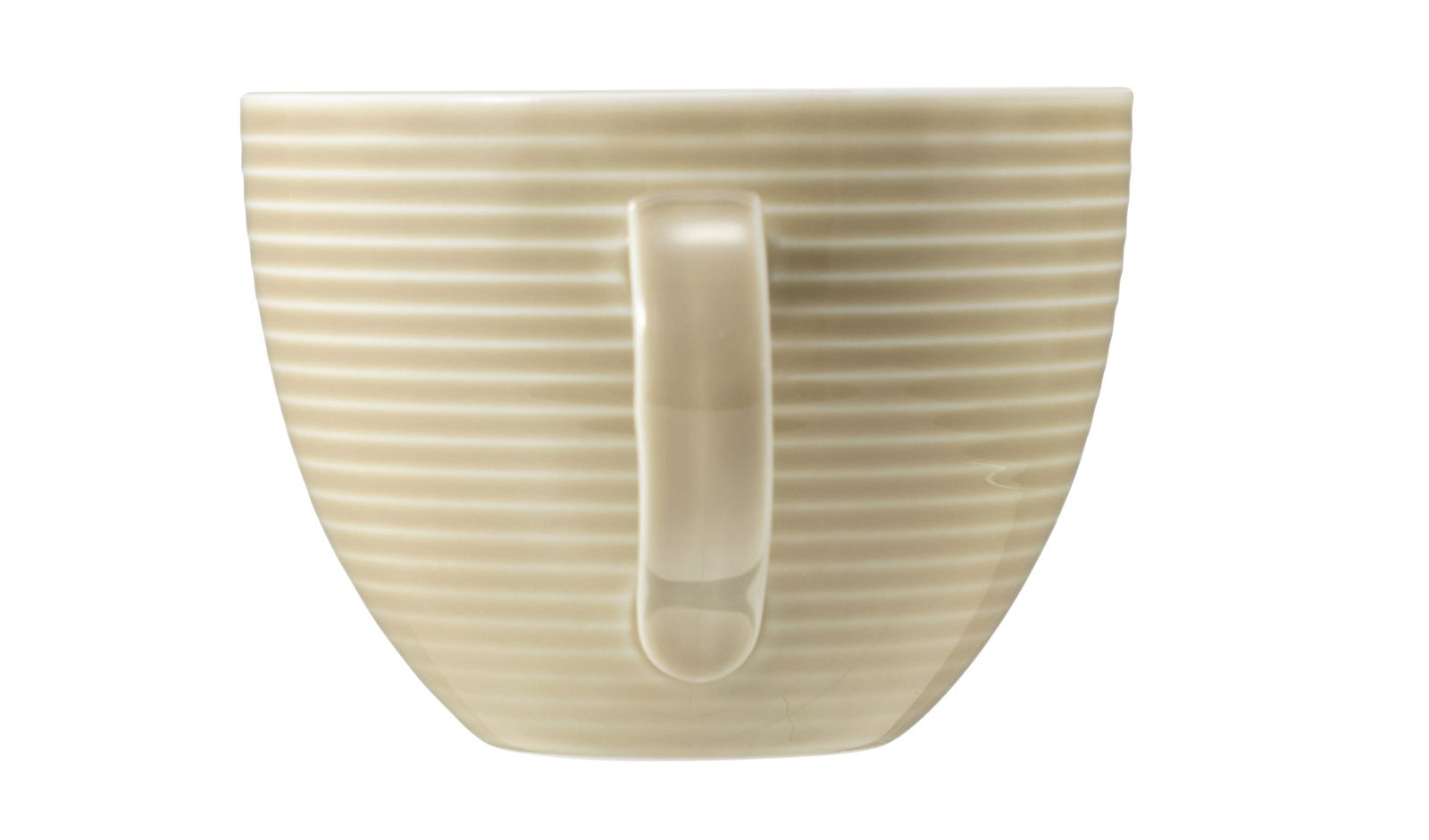 Beige Kaffeetasse mit Reliefmuster, seitliche Ansicht mit Henkel