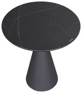 Runder Beistelltisch mit schwarzer Marmoroptik und konischem Fuß, Ansicht von oben.