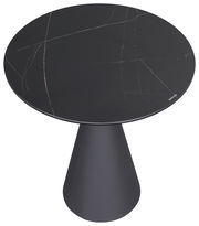 Runder Beistelltisch mit schwarzer Marmoroptik und konischem Fuß, Ansicht von oben.