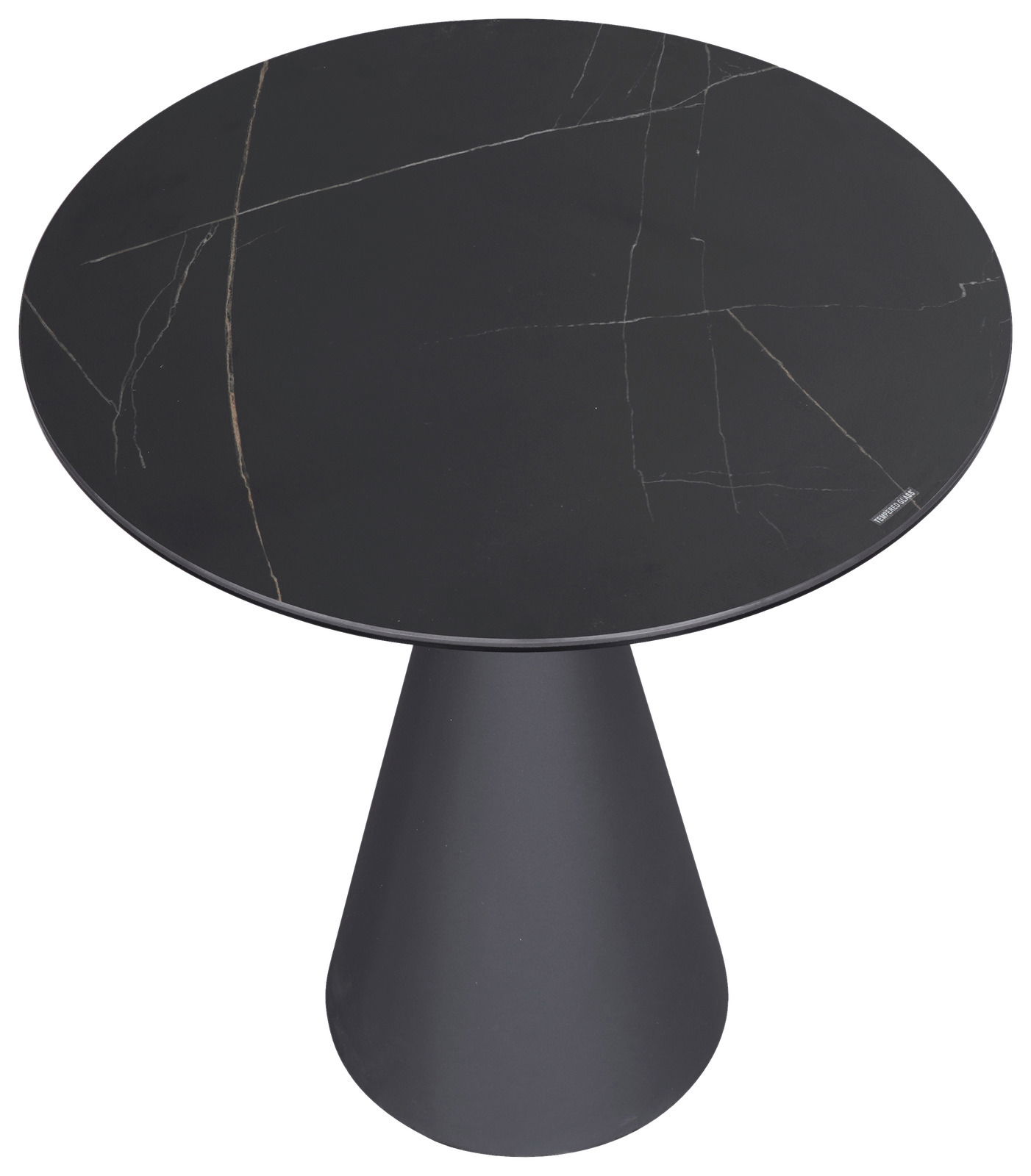 Runder Beistelltisch mit schwarzer Marmoroptik und konischem Fuß, Ansicht von oben.