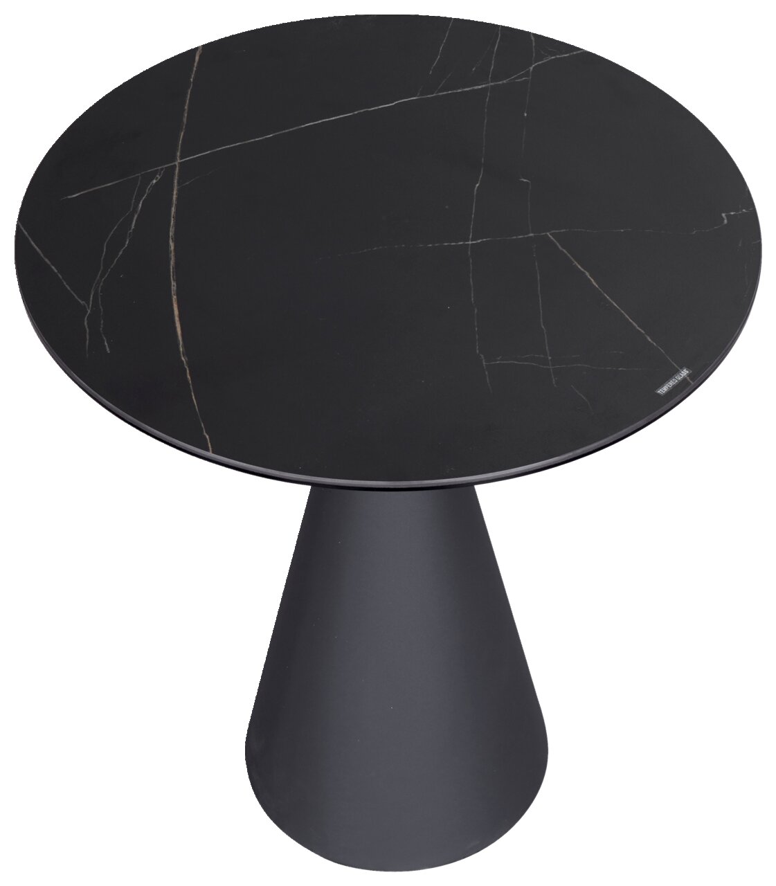 Dieter Knoll Bijzettafel TIVOLI Ronde bijzettafel met zwarte marmerlook en conische voet, gezien van bovenaf.