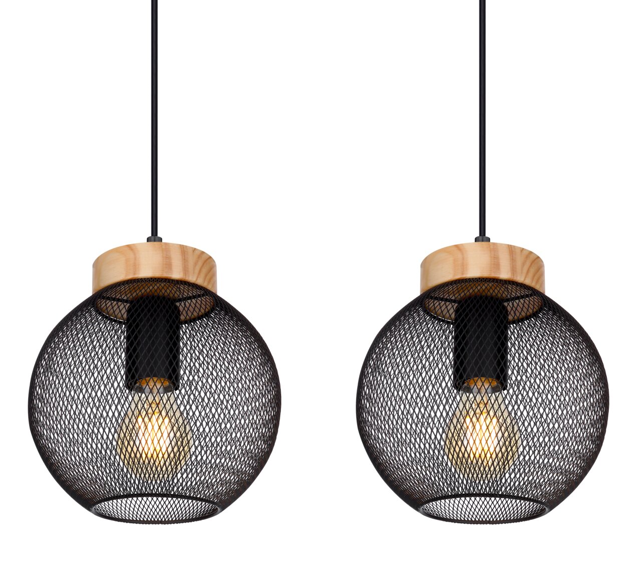 Zwei Hängeleuchten mit schwarzem Drahtgitter und Holzdetails, frontal betrachtet.