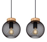 Zwei Hängeleuchten mit schwarzem Drahtgitter und Holzdetails, frontal betrachtet.