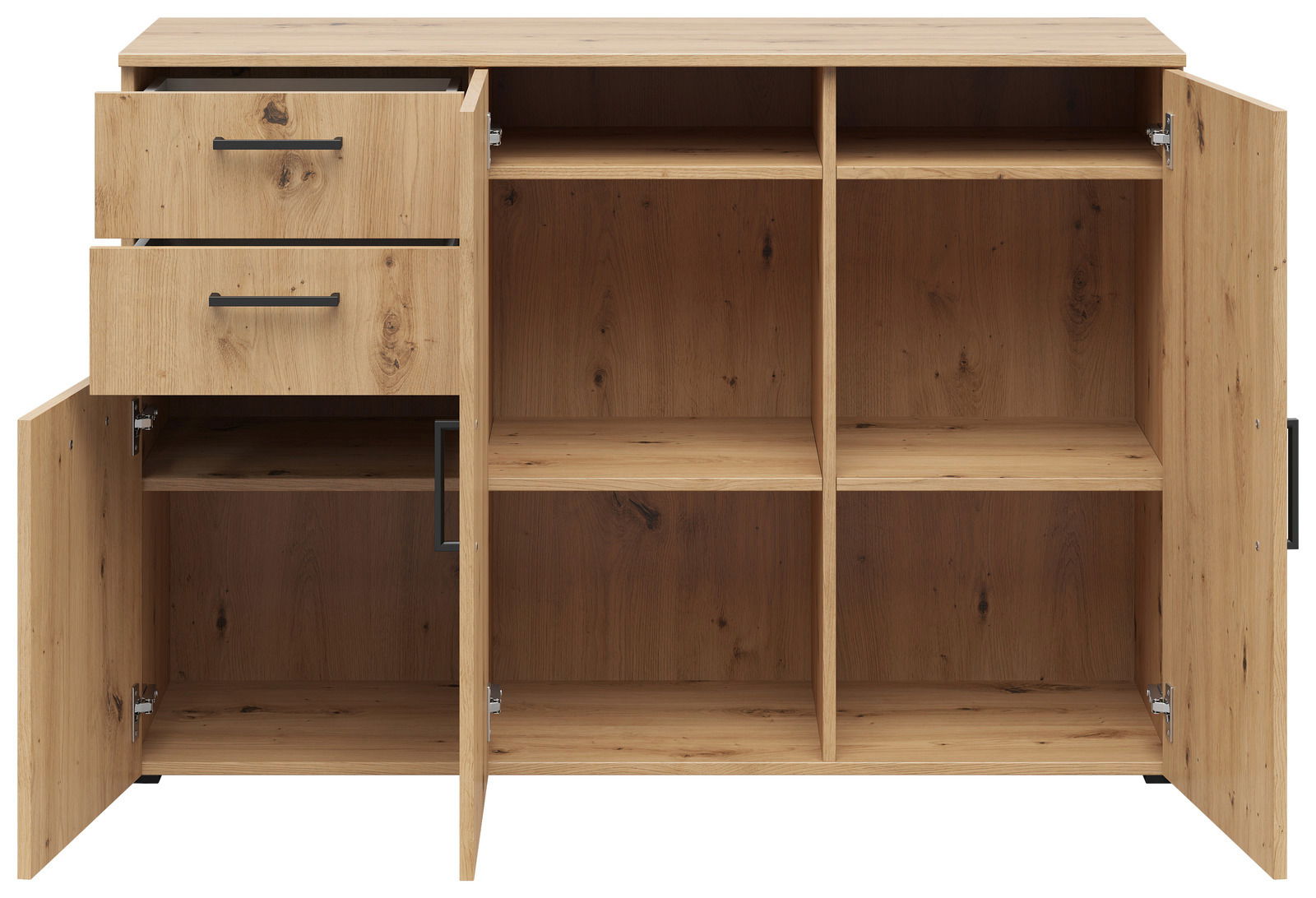 Frontansicht einer Kommode aus Holz mit zwei offenen Schubladen und mehreren Fächern hinter Türen.