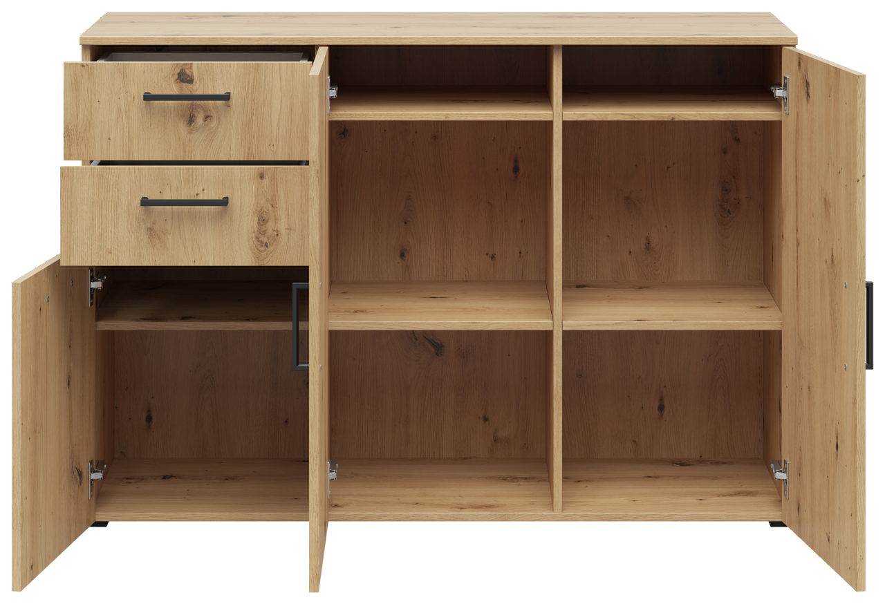 Frontansicht einer Kommode aus Holz mit zwei offenen Schubladen und mehreren Fächern hinter Türen.
