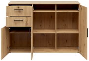 Frontansicht einer Kommode aus Holz mit zwei offenen Schubladen und mehreren Fächern hinter Türen.