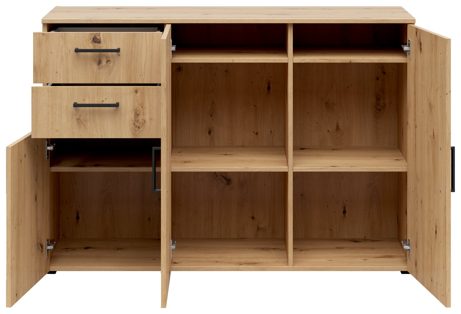 Vooraanzicht van een houten ladekast met twee open lades en verschillende vakken achter de deurtjes.