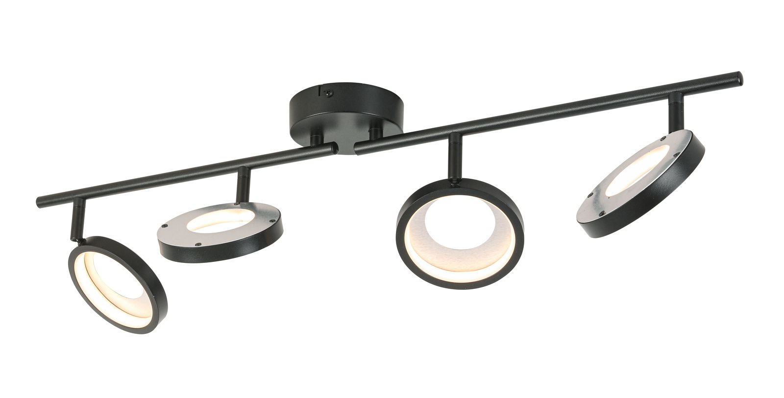 Moderner LED-Strahler mit vier verstellbaren Leuchten in schwarzem Design, seitliche Perspektive