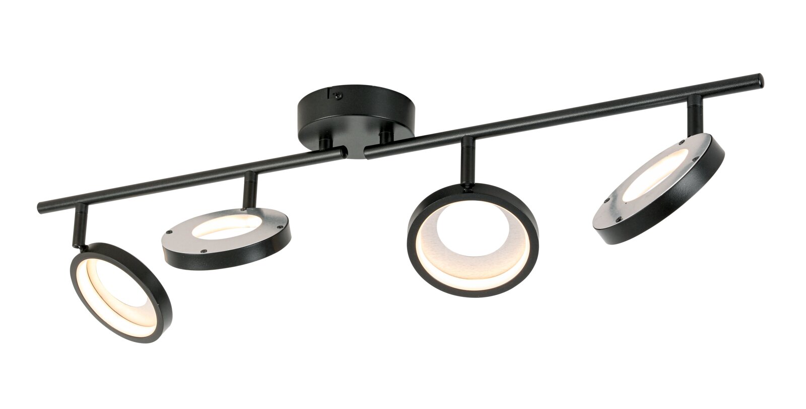 Moderner LED-Strahler mit vier verstellbaren Leuchten in schwarzem Design, seitliche Perspektive
