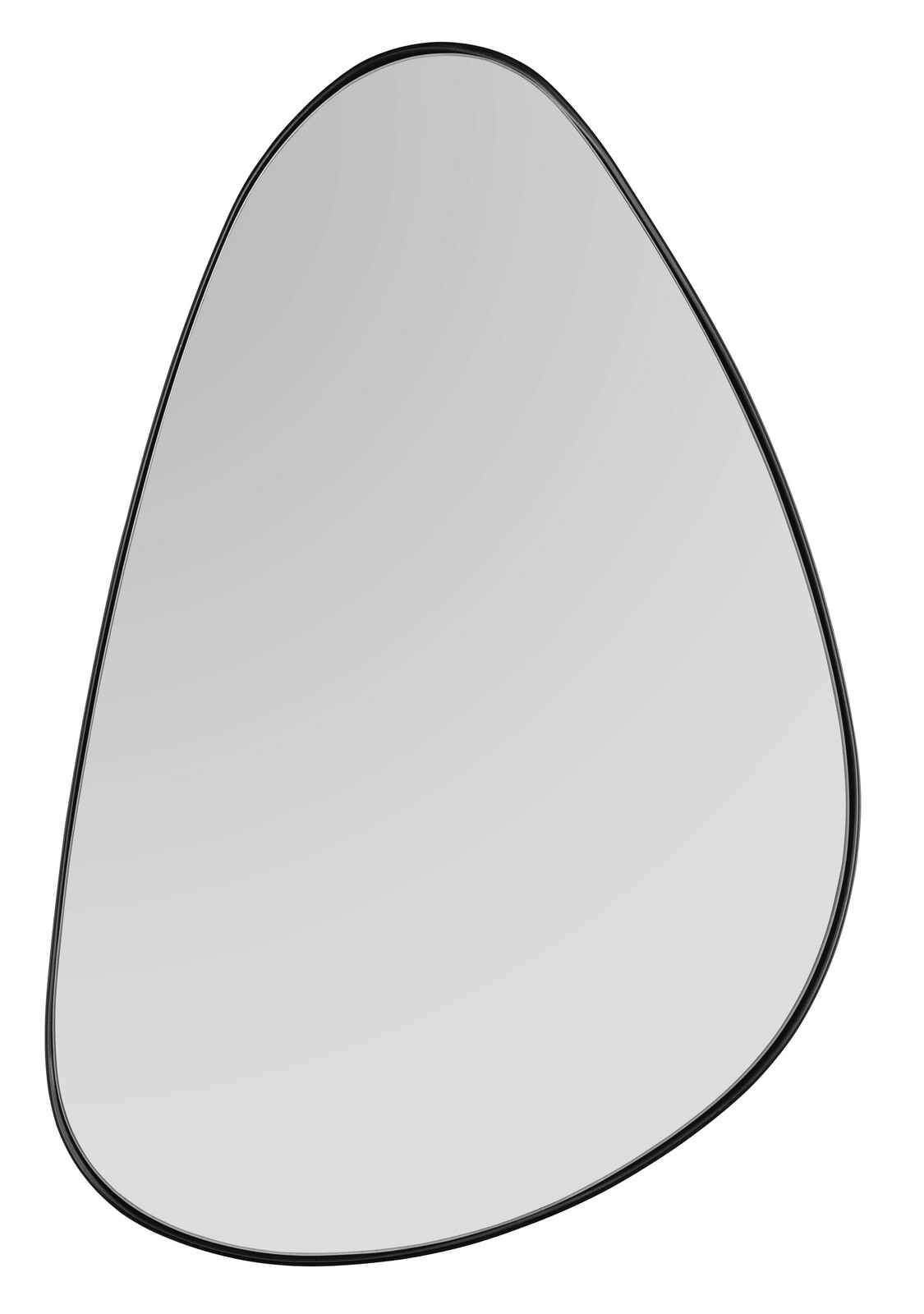 Moderner, asymmetrischer Spiegel mit schwarzem Rahmen, aus der Vorderansicht fotografiert.