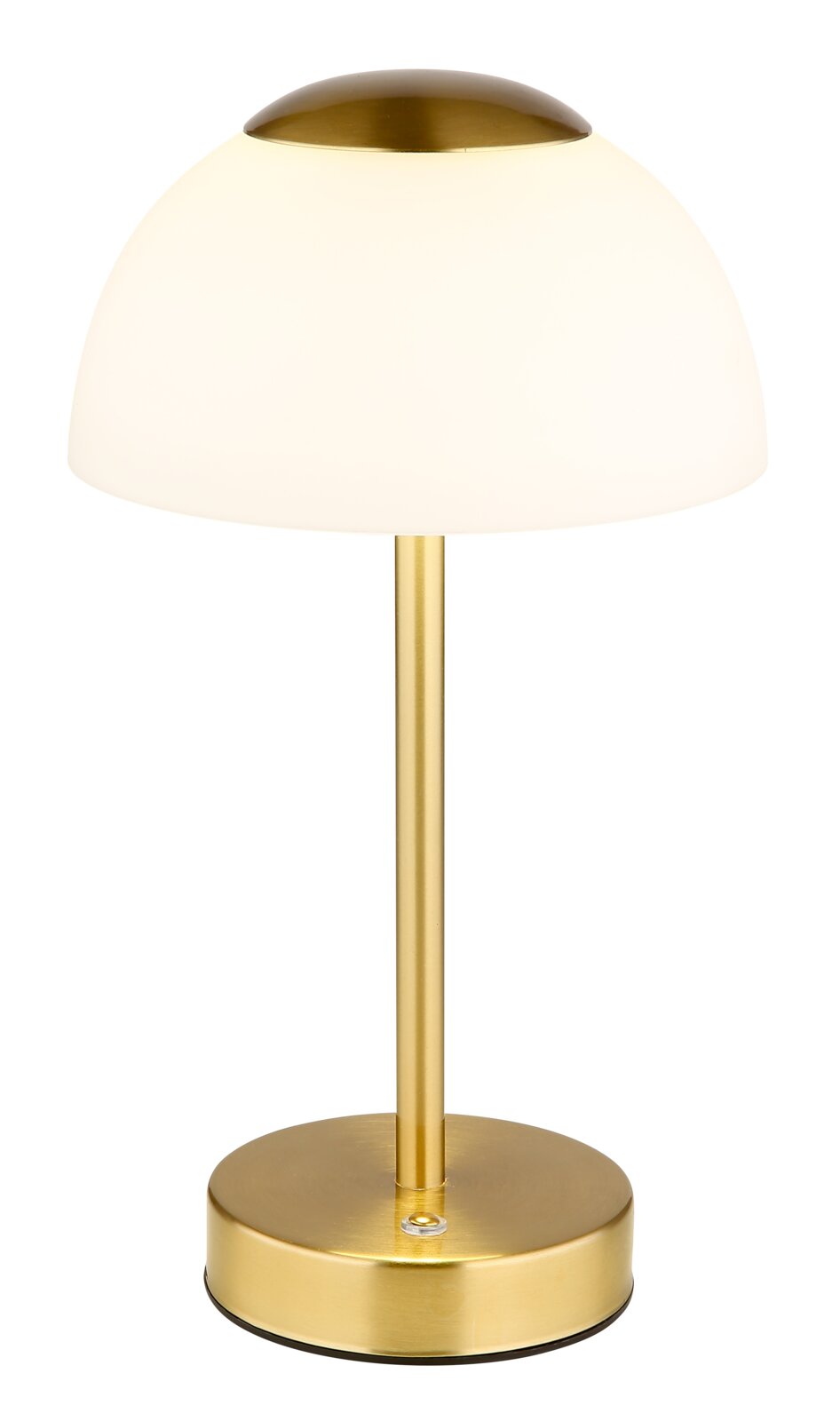 Elegante Tischleuchte mit weißem, halbkugelförmigem Schirm und goldenem Standfuß, seitliche Perspektive