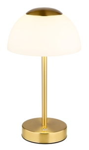 Elegante Tischleuchte mit weißem, halbkugelförmigem Schirm und goldenem Standfuß, seitliche Perspektive