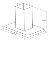Technische isometrische Zeichnung einer Kücheninsel-Dunstabzugshaube mit rechteckigem Kamin, Grundfläche ca. 600 mm tief und 900/1000/1100/1200 mm breit, Kaminquerschnitt 300 x 330 mm, Höhe 650–1238 mm; Perspektive: isometrische Ansicht schräg von vorne o