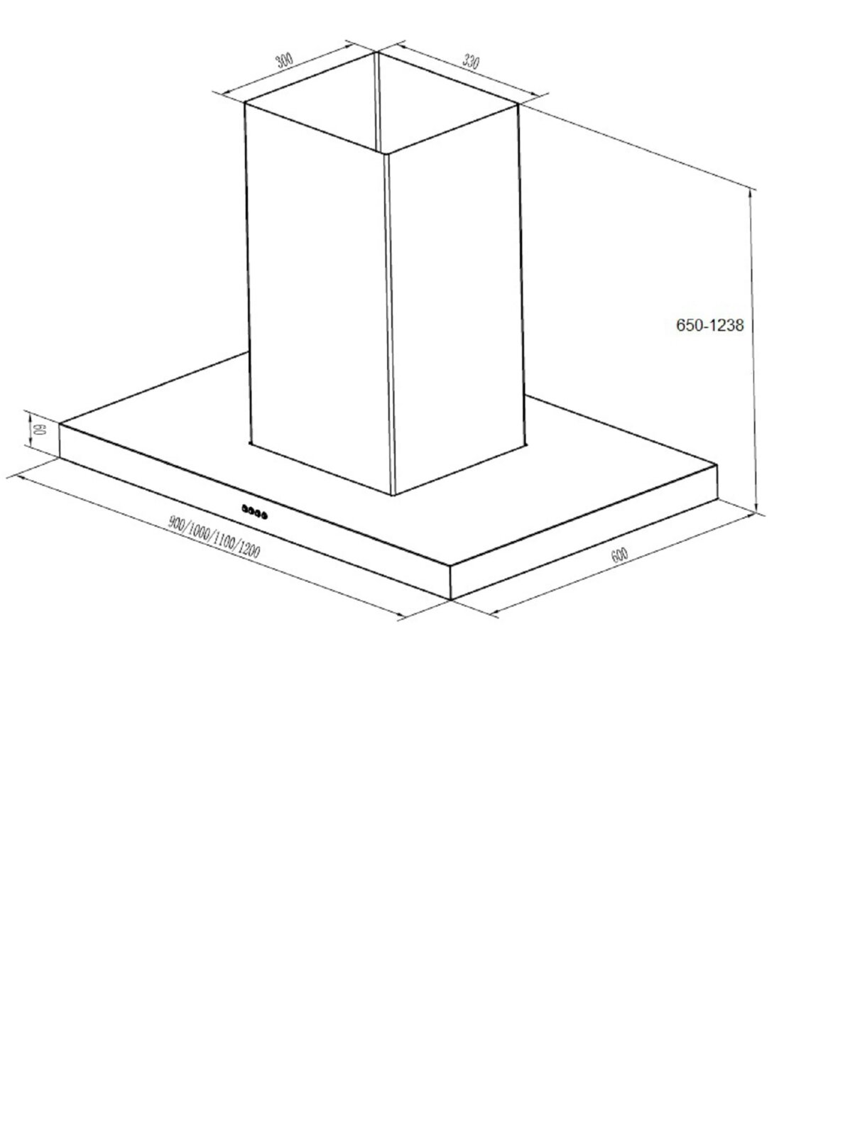 Technische isometrische Zeichnung einer Kücheninsel-Dunstabzugshaube mit rechteckigem Kamin, Grundfläche ca. 600 mm tief und 900/1000/1100/1200 mm breit, Kaminquerschnitt 300 x 330 mm, Höhe 650–1238 mm; Perspektive: isometrische Ansicht schräg von vorne o