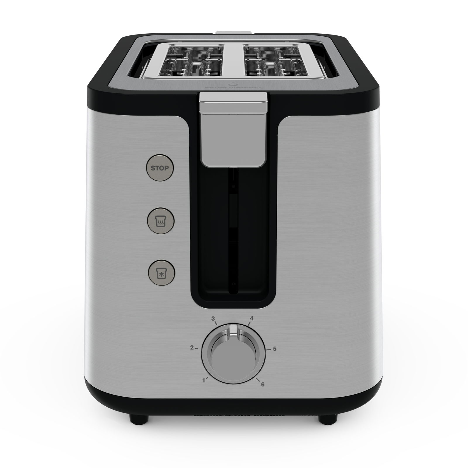 Moderner Toaster in Edelstahloptik mit Bedienelementen an der Vorderseite, Frontalansicht