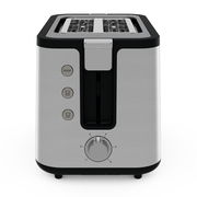 Moderner Toaster in Edelstahloptik mit Bedienelementen an der Vorderseite, Frontalansicht