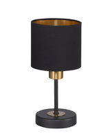Moderne Tischleuchte mit schwarzem Lampenschirm und goldenen Akzenten, seitliche Perspektive
