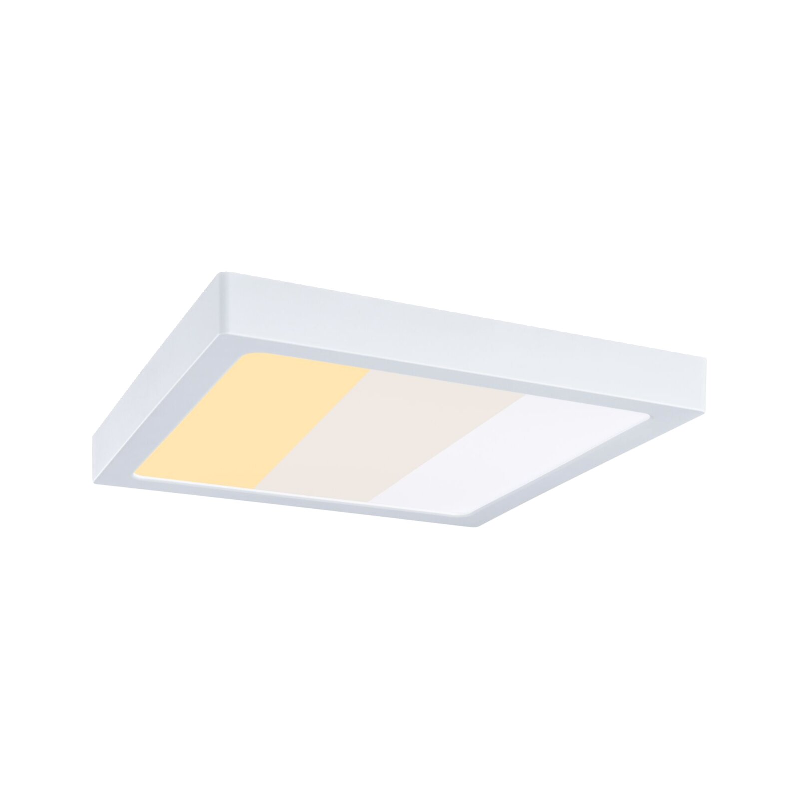 Quadratische, flache LED-Deckenleuchte in Weiß mit diffuser Abdeckung und warmweißem Licht, schräg von unten in perspektivischer Ansicht