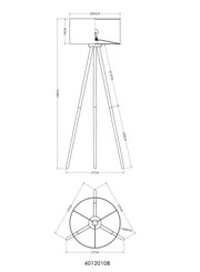 Technische Maßzeichnung einer dreibeinigen Stehlampe mit zylindrischem Lampenschirm (Ø 50 cm, Schirmhöhe 25 cm), Gesamthöhe ca. 148 cm und Standbreite ca. 57 cm; dargestellt in Seitenansicht und Draufsicht.