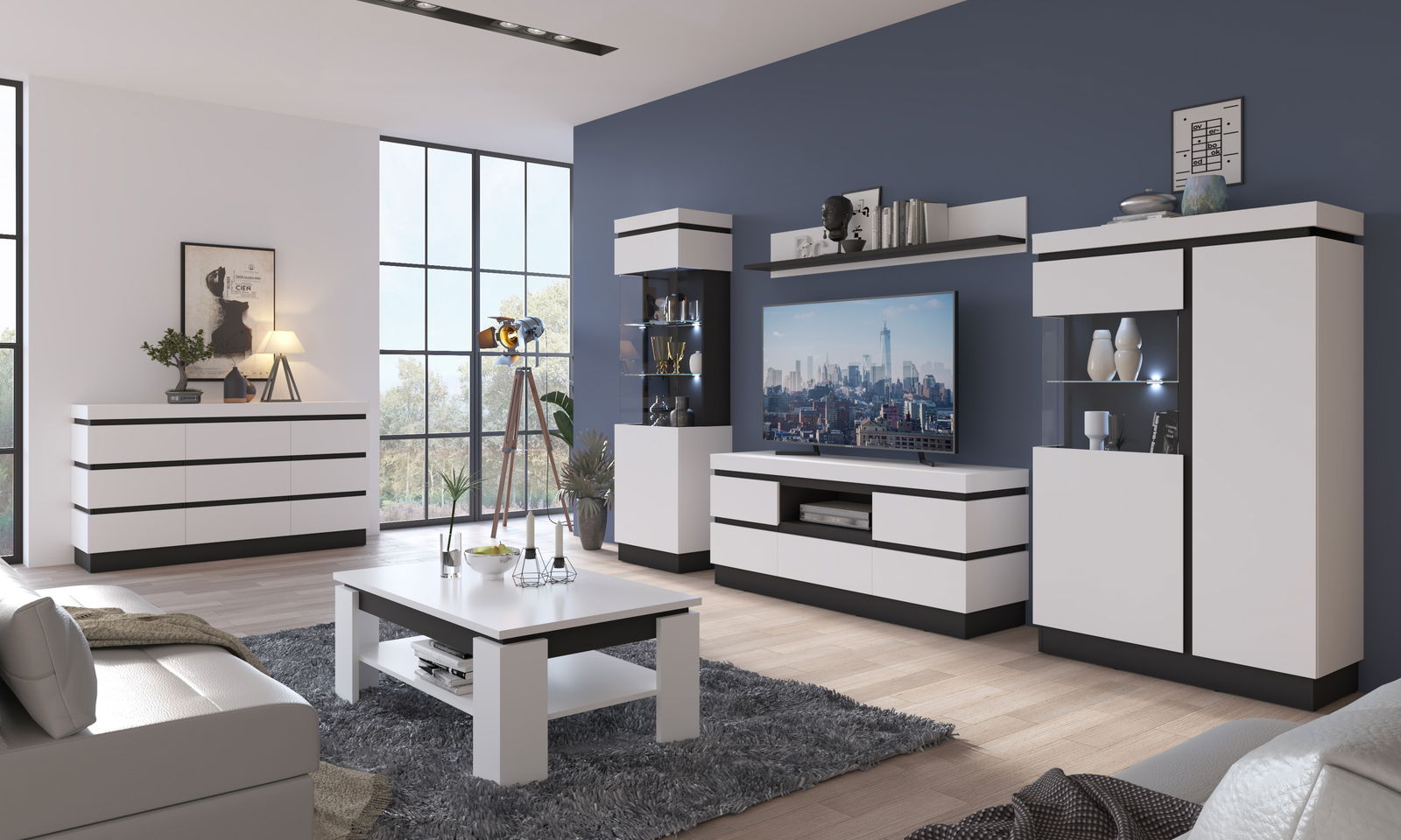 Modernes Wohnzimmer mit weißem und schwarzem Möbelset, bestehend aus TV-Lowboard, Sideboard, Vitrine und Couchtisch, in einer stilvollen, hellen Umgebung mit großen Fenstern. Perspektive von der Seite.
