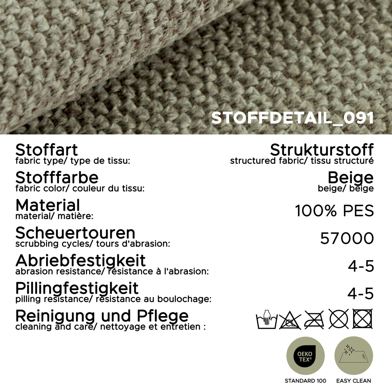 Beiger Strukturstoff in Nahaufnahme (Detailansicht/Frontansicht) mit Gewebestruktur; Infotafel: Stoffart Strukturstoff, Farbe Beige, Material 100% PES, Scheuertouren 57000, Abriebfestigkeit 4–5, Pillingfestigkeit 4–5, Pflegehinweise, OEKO-TEX Standard 100
