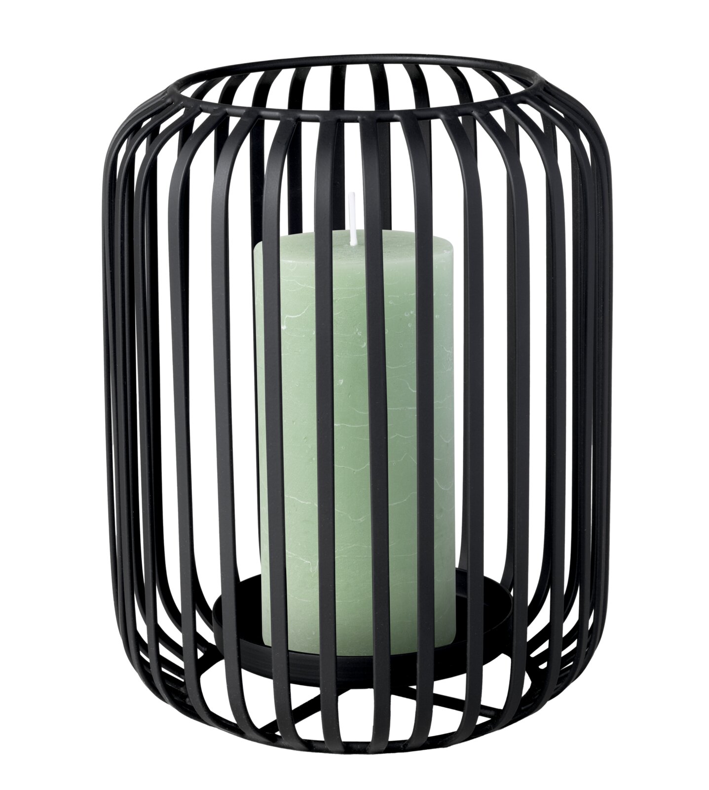 Schwarze, zylindrische Laterne mit offenem Metallstreben-Design und großer mintgrüner Stumpenkerze, freigestellt in leichter Vorderansicht von oben