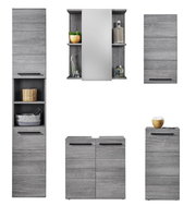 Badmöbel-Set in grauer Holzoptik mit Hochschrank, Spiegelschrank und Unterschrank mit schwarzen Griffleisten, frontale Ansicht auf weißem Hintergrund