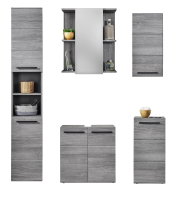 Badmöbel-Set in grauer Holzoptik mit Hochschrank, Spiegelschrank und Unterschrank mit schwarzen Griffleisten, frontale Ansicht auf weißem Hintergrund