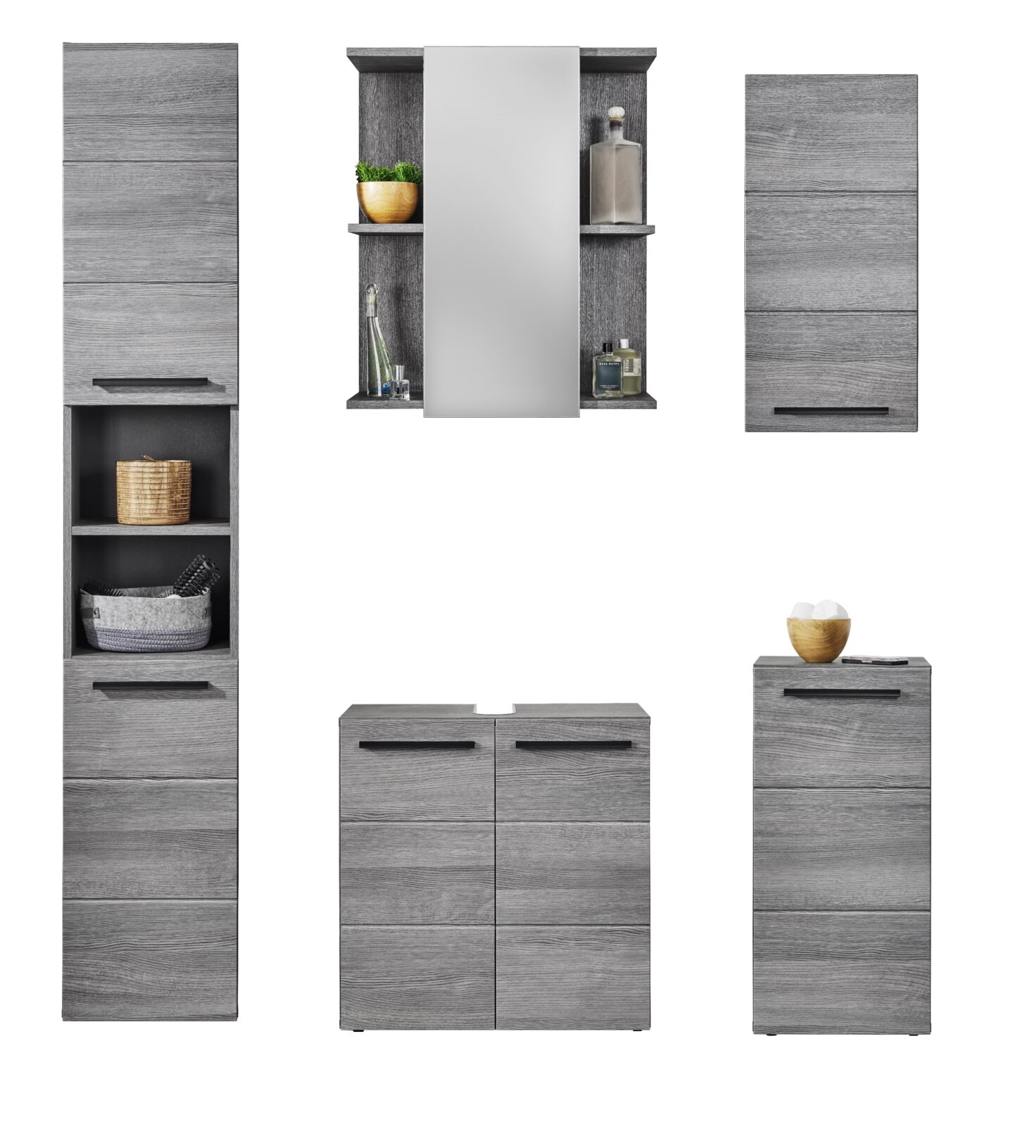 Badmöbel-Set in grauer Holzoptik mit Hochschrank, Spiegelschrank und Unterschrank mit schwarzen Griffleisten, frontale Ansicht auf weißem Hintergrund