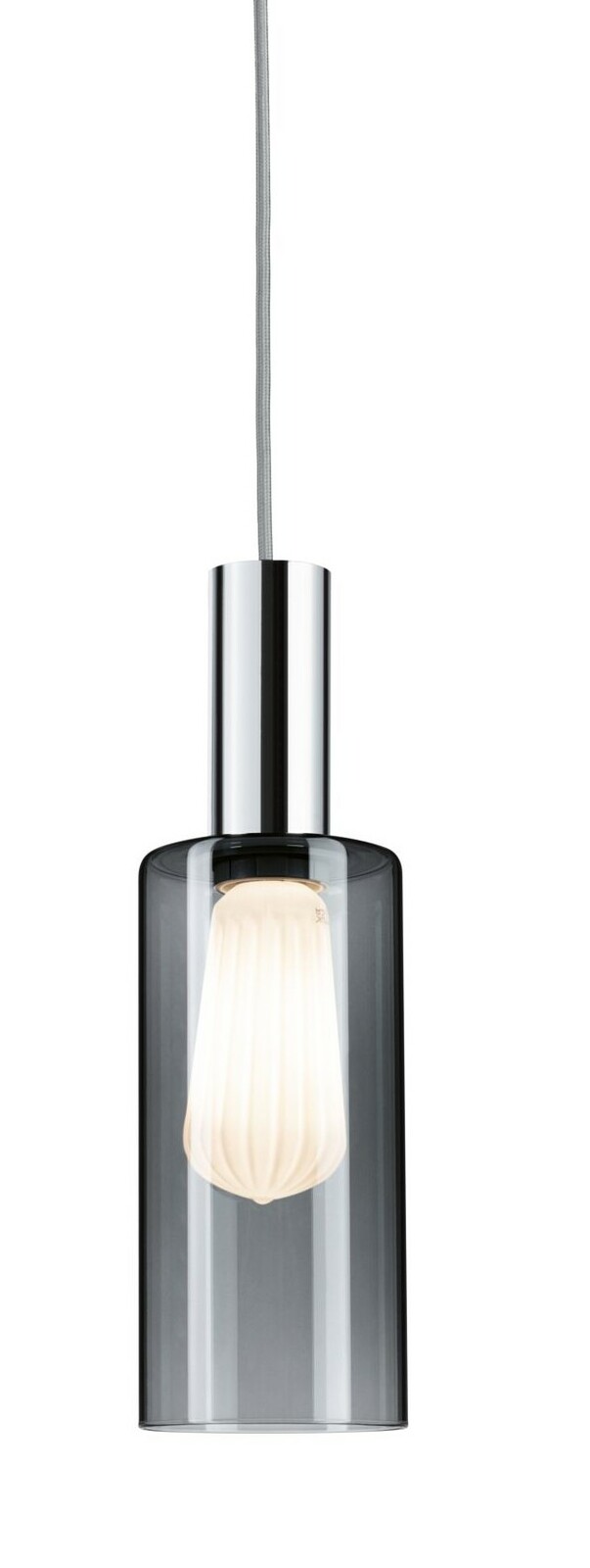 Hängelampe mit transparentem Glasschirm und sichtbarer Glühbirne, seitliche Perspektive