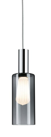 Hängelampe mit transparentem Glasschirm und sichtbarer Glühbirne, seitliche Perspektive