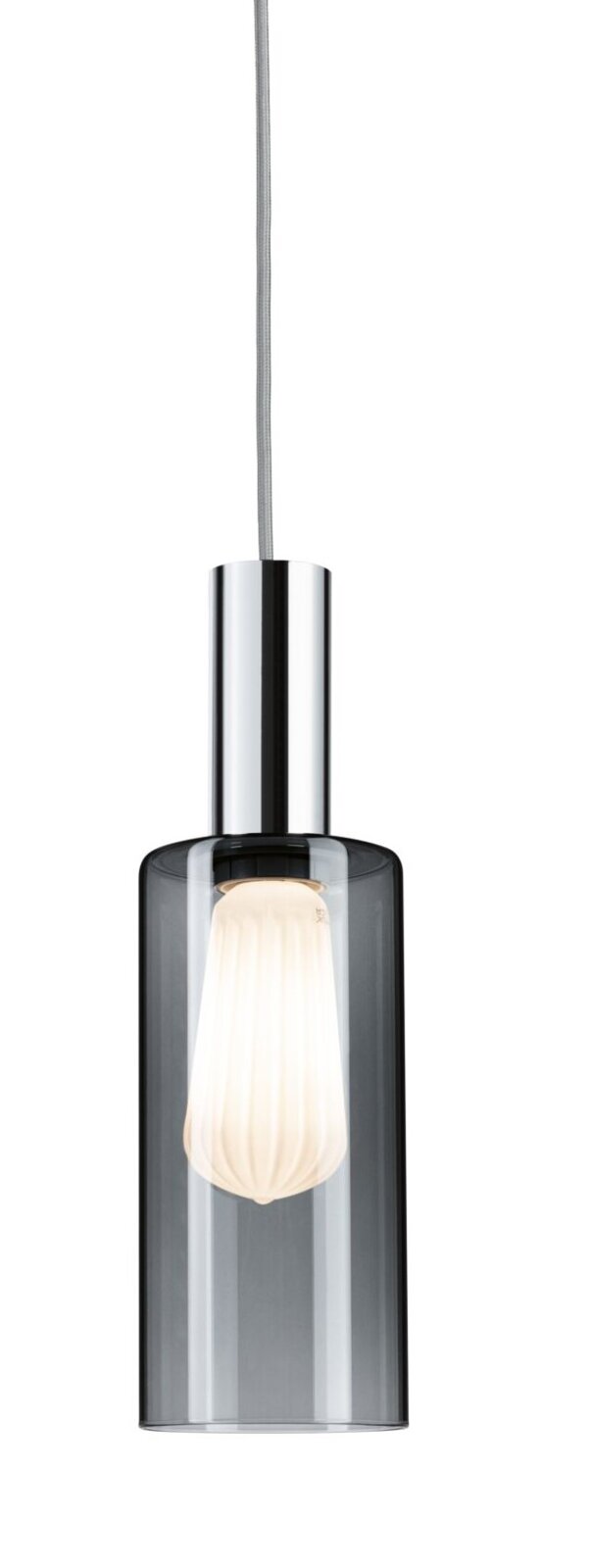 Hanglamp met transparante glazen kap en zichtbare gloeilamp, zijaanzicht