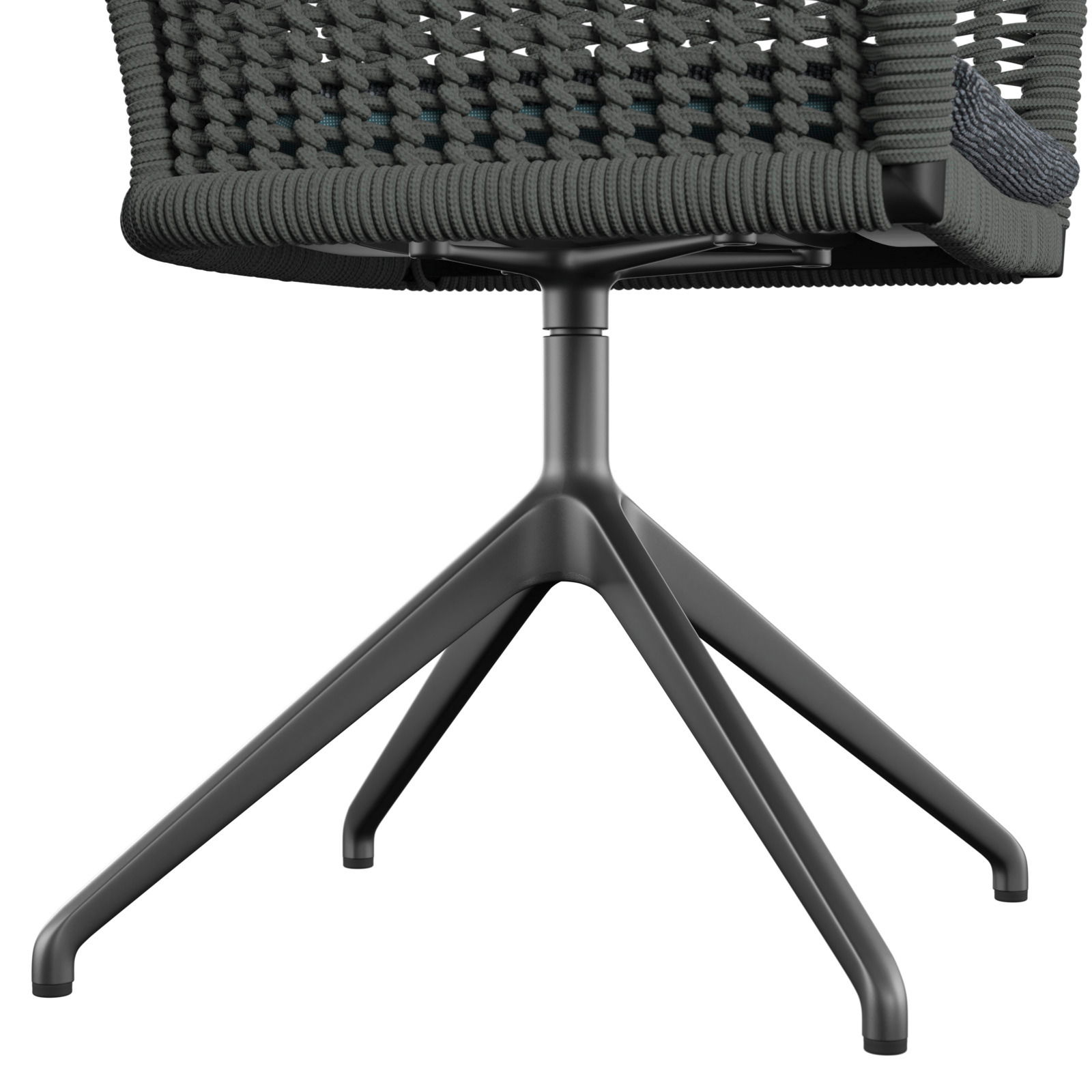 Moderner Armlehnstuhl mit geflochtener Rückenlehne und stabilem Metallfuß, seitliche Perspektive