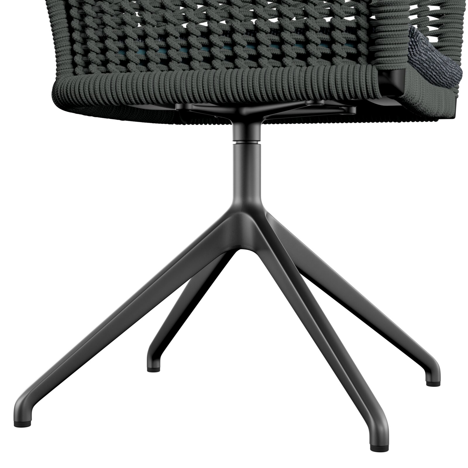 Moderne fauteuil met gevlochten rugleuning en stevige metalen voet, zijaanzicht