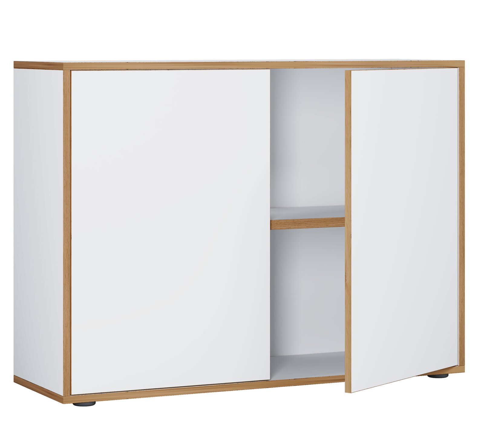 Modernes Sideboard in Weiß mit Holzrahmen, zwei Schiebetüren und offenen Regalfächern, perspektivische Frontansicht (leicht von rechts)
