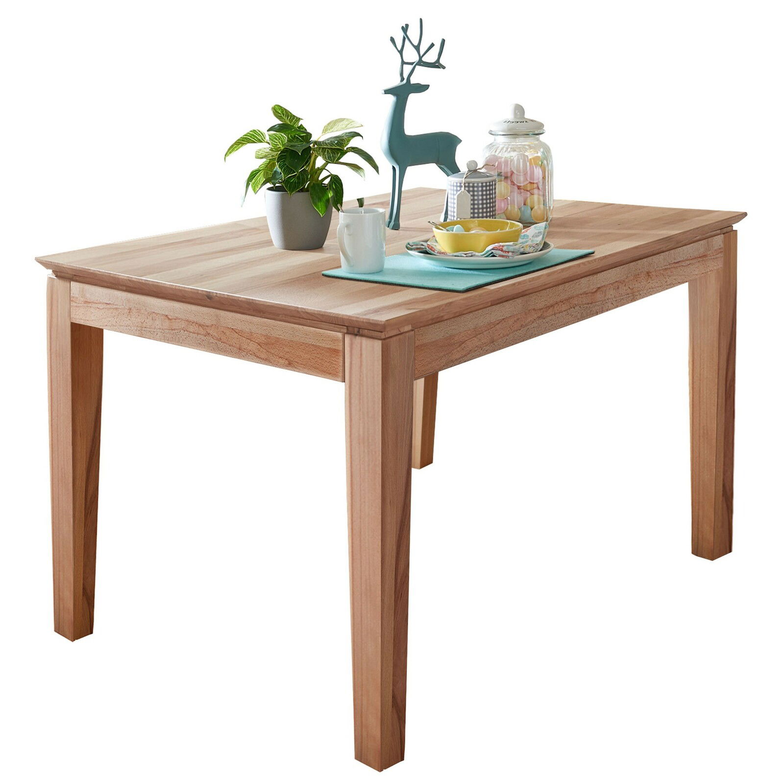 Zurbrüggen Esstisch 140x90 MINI+ Holzesstisch mit Dekorationen aus schräger Perspektive