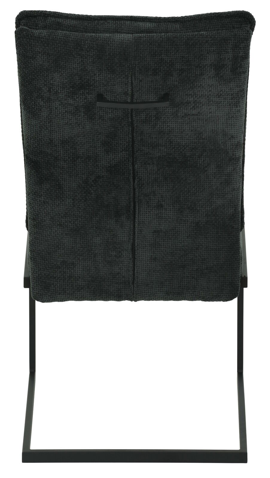 Rückansicht eines Schwingstuhls OLIVIA mit schwarzem Stoffbezug und Metallgestell.
