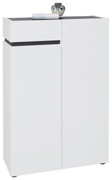 Moderner weißer Schuhschrank mit zwei Türen und einer Schublade, frontal abgebildet. Dekoriert mit einer Vase und einem Buch auf der Oberseite.