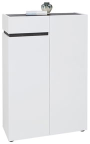 Moderner weißer Schuhschrank mit zwei Türen und einer Schublade, frontal abgebildet. Dekoriert mit einer Vase und einem Buch auf der Oberseite.