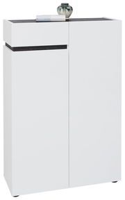 Moderner weißer Schuhschrank mit zwei Türen und einer Schublade, frontal abgebildet. Dekoriert mit einer Vase und einem Buch auf der Oberseite.