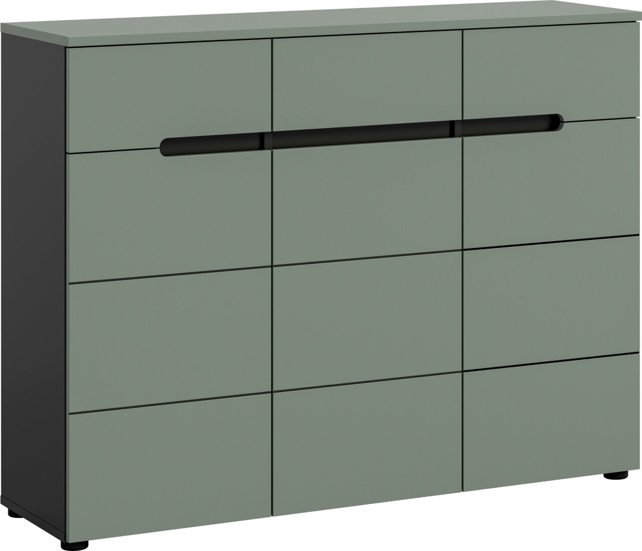 Moderne Kommode/Sideboard in mattem Salbeigrün mit schwarzem Korpus und durchgehendem schwarzen Griff, gezeigt in schräger Vorderansicht von links