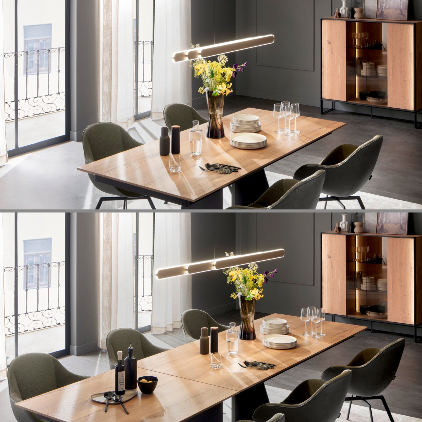 Modernes Esszimmer mit langem Holzesstisch und grünen Polsterstühlen, gedecktem Tisch und schwebender LED-Pendelleuchte; Perspektive: leicht erhöhte, schräge Ansicht von der Seite.