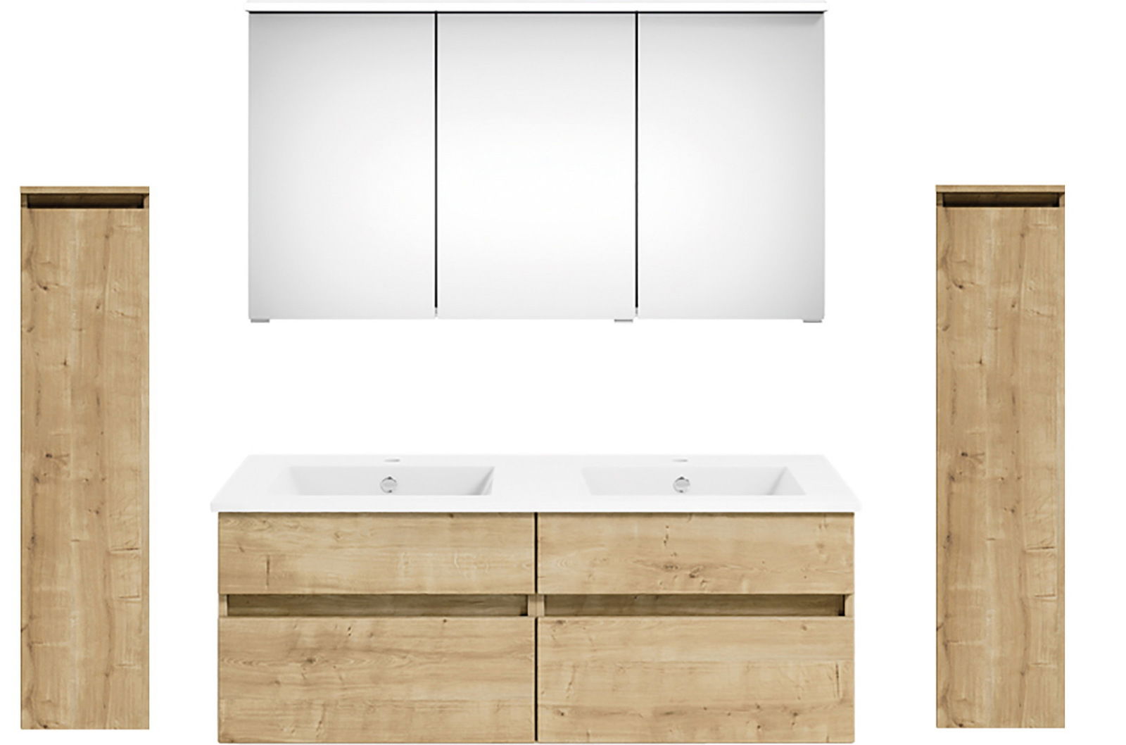 Frontale Ansicht einer modernen Badkombination mit zwei Waschbecken, einem großen Spiegelschrank und zwei hohen Holzschränken in heller Holzoptik.